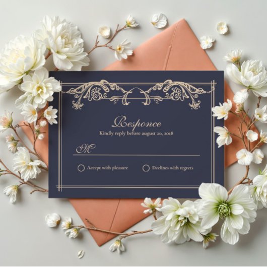 ネイビーブルーのバロック 結婚式RSVPカード サンキューカード
