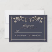 ネイビーブルーのバロック 結婚式RSVPカード サンキューカード (正面)