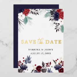 ネイビーブルーのバーガンディフラワーの結婚式「Save The Date」 箔招待状