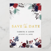 ネイビーブルーのバーガンディフラワーの結婚式「Save The Date」 箔招待状 (正面)