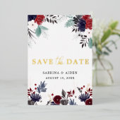 ネイビーブルーのバーガンディフラワーの結婚式「Save The Date」 箔招待状 (立ち正面)