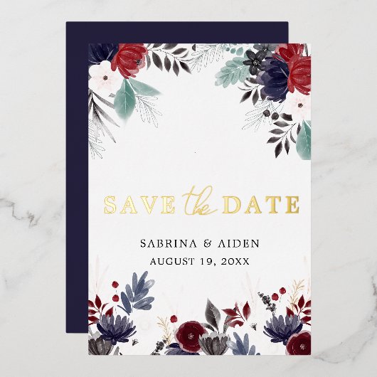 ネイビーブルーのバーガンディフラワーの結婚式「Save The Date」 箔招待状 (正面/裏面)