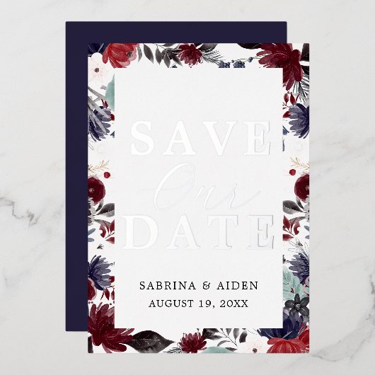ネイビーブルーのバーガンディーフラワーの結婚式のSave The Date 箔招待状 (正面/裏面)