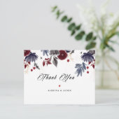 ネイビーブルーのバーガンディー ゴシック フラワーの結婚式のお礼 ポストカード (スタンド正面)