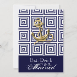 ネイビーブルーのパターンアンカー航海リハーサルディナー 招待状