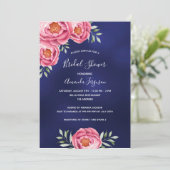 ネイビーブルーのピンクの花のブライダルシャワー 招待状 (スタンド正面)