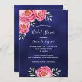 ネイビーブルーのピンクの花のブライダルシャワー 招待状 (正面/裏面)