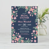 ネイビーブルーのピンクの花の渦巻き フラワーブライダルシャワー 招待状 (スタンド正面)
