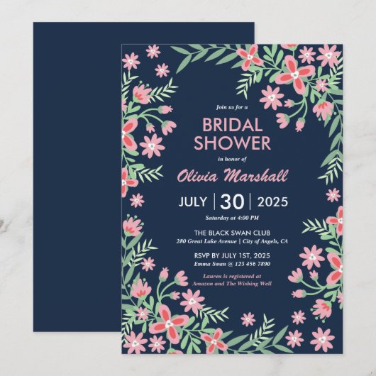 ネイビーブルーのピンクの花の渦巻き フラワーブライダルシャワー 招待状 (正面/裏面)