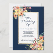 ネイビーブルーのピンクコーラルオレンジの花のカントリーウェディング 招待状 (正面)