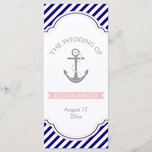 ネイビーブルーのピンク航海のの結婚式 プログラム (正面)