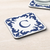 ネイビーブルーのフィリーグリー枠モノグラム コースター (左側)