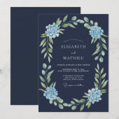 ネイビーブルーのフォーマルなアジサイの結婚式 招待状 (正面/裏面)
