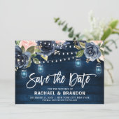 ネイビーブルーのフラッシュフラワーストリングライトのSave the Date セーブザデート (スタンド正面)