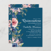 ネイビーブルーのフラッシュ フラワーのグリーン リーフ キンセアニエラ 招待状 (正面/裏面)