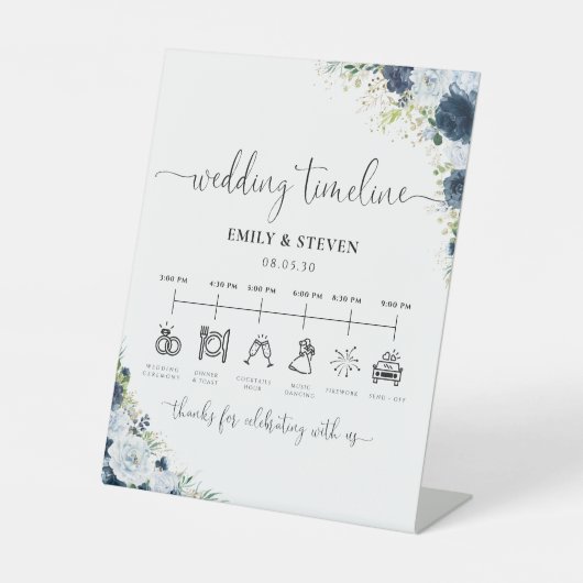 ネイビーブルーのフラワーの結婚式タイムラインサイン 台座サイン (正面)