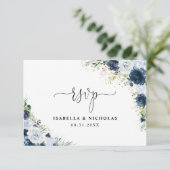 ネイビーブルーのフラワーの結婚式RSVPカード 出欠カード (スタンド正面)