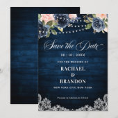 ネイビーブルーのフラワーストリングライトのSave the Date セーブザデート (正面/裏面)