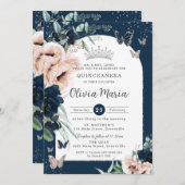 ネイビーブルーのフラワーバタフライ クイーンセーニョーラ 招待状 (正面/裏面)