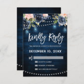 ネイビーブルーのフラワーリング ライトの招待状 出欠カード (正面/裏面)