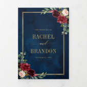 ネイビーブルーのブッシュウォーターカラーゴールドジオメトリックウェディング 三つ折り案内状 (カバー)