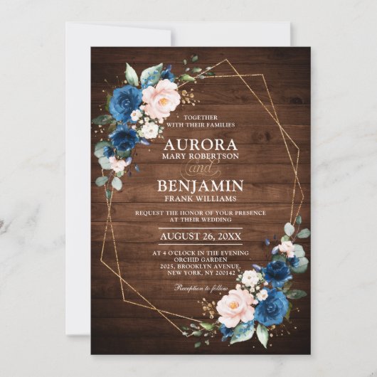 ネイビーブルーのブッシュ ラスティック ウッド ゴールド ジオメトリック ウェディング 招待状 (正面)