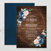 ネイビーブルーのブッシュ ラスティック ウッド ゴールド ジオメトリック ウェディング 招待状 (正面/裏面)