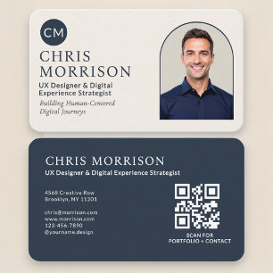 ネイビーブルーのプロフェッショナルQRコードフォトカード 名刺