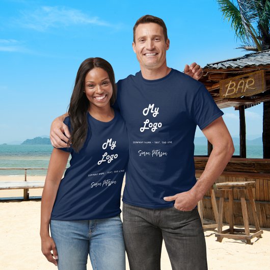 ネイビーブルーのホワイトビジネスロゴ名の署名 Tシャツ