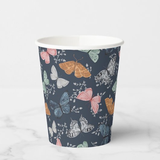 ネイビーブルーのボヘミアンチックな蝶のシャワーパーティーテーブルウェア 紙コップ (左)