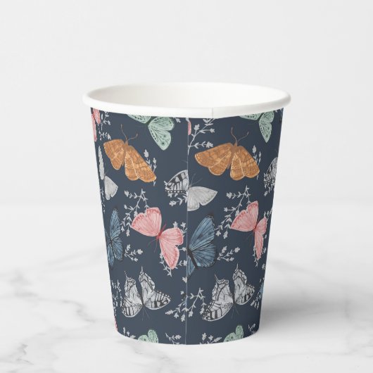 ネイビーブルーのボヘミアンチックな蝶のシャワーパーティーテーブルウェア 紙コップ (右)