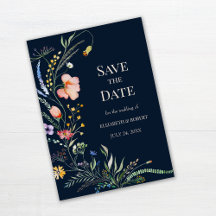 ネイビーブルーのボヘミアンワイルドフラワーのSave The Dateカード