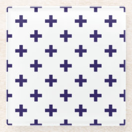 ネイビーブルーのポルカが白に交差 ガラスコースター