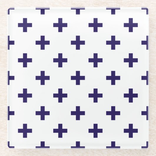 ネイビーブルーのポルカが白に交差 ガラスコースター (正面)