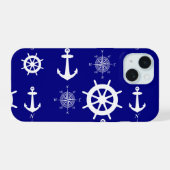 ネイビーブルーのマリタイム柄 iPhone 15ケース (裏面横)