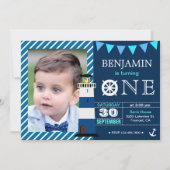 ネイビーブルーのマリン調な赤ちゃんの男の子の1歳の誕生日パーティー 招待状 (正面)