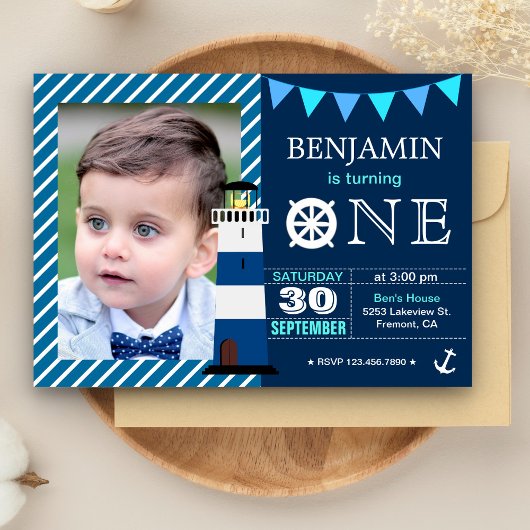 ネイビーブルーのマリン調な赤ちゃんの男の子の1歳の誕生日パーティー 招待状