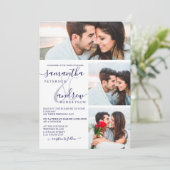 ネイビーブルーのミニマリストの台本3枚結婚の写真 招待状 (スタンド正面)