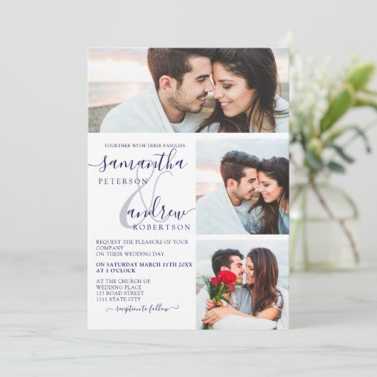 ネイビーブルーのミニマリストの台本3枚結婚の写真 招待状 (スタンド正面)