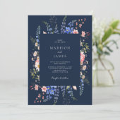 ネイビーブルーのミニマリストの野の花のフラワーウェディング 招待状 (スタンド正面)