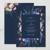 ネイビーブルーのミニマリストの野の花のフラワーウェディング 招待状 (正面/裏面)