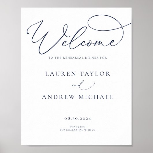 ネイビーブルーのミニマルなリハーサルディナーサイン ポスター (正面)