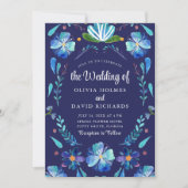 ネイビーブルーのメキシカンフラワーフィエスタウェディング招待状 招待状 (正面)