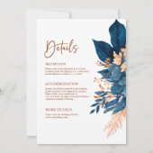 ネイビーブルーのモダンでエレガントな花柄のオールインワン結婚式 招待状 (裏面)