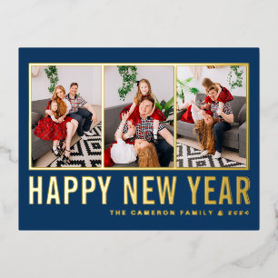 ネイビーブルーのモダンなタイポグラフィフォトコラージュ新年 箔シーズンポストカード