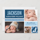 ネイビーブルーのモダンな写真コラージュ ベビーボーイ 誕生 案内状 (正面)