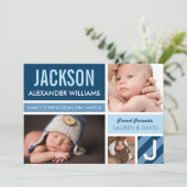 ネイビーブルーのモダンな写真コラージュ ベビーボーイ 誕生 案内状 (スタンド正面)