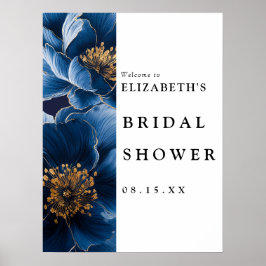ネイビーブルーのモダンな花のデザインのウェディングシャワーのウェルカムサイン ポスター