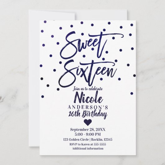 ネイビーブルーのモダンスクリプト スイート16 シックスティーン 招待状 (正面)