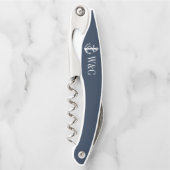 ネイビーブルーのモノグラムの船の錨のデザイン ソムリエナイフ (正面)